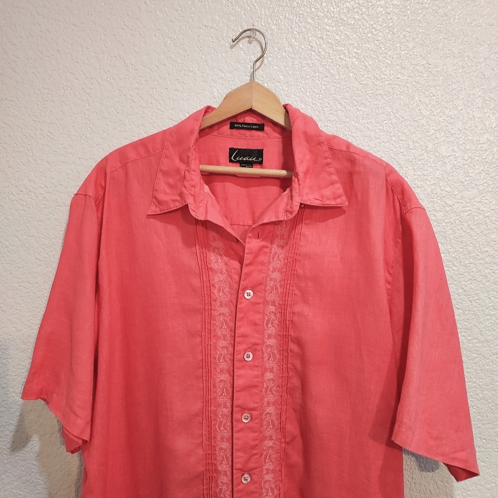 Luau 100% Linen Coral Red Hawaii Aloha Shirt Size XL - Picture 2 of 9
